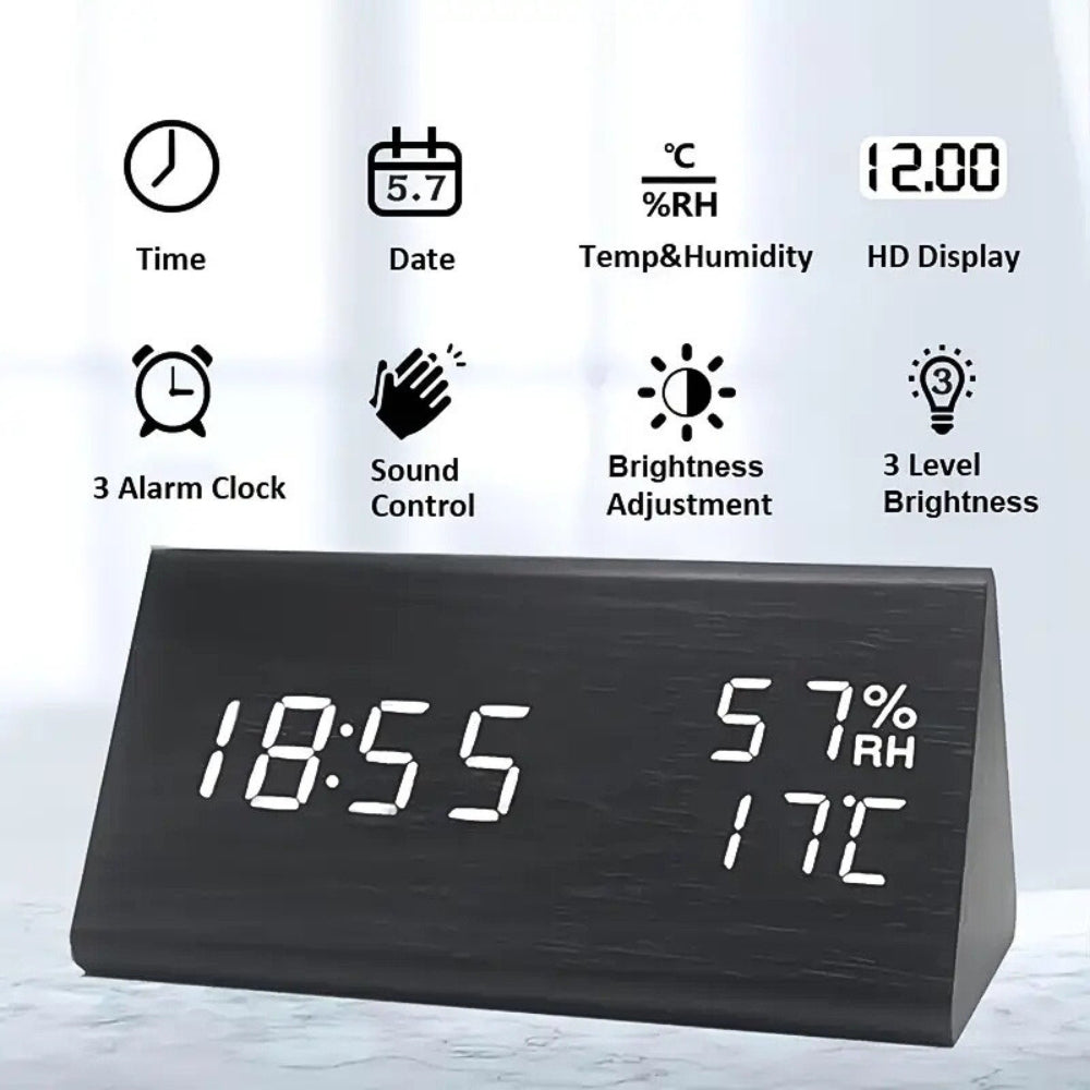 Elora Wooden LED Alarm Clock | Digital Display, Sound Control, Adjustable Brightness