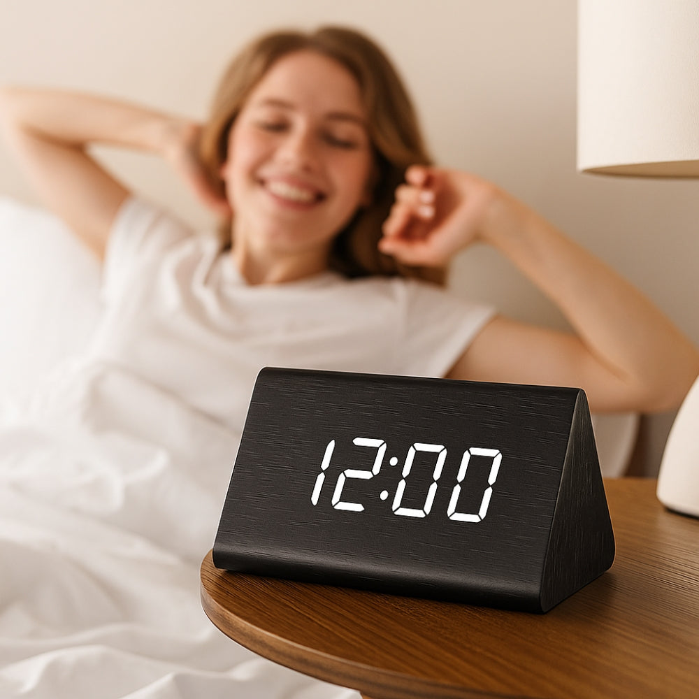 Elora Wooden LED Alarm Clock | Digital Display, Sound Control, Adjustable Brightness