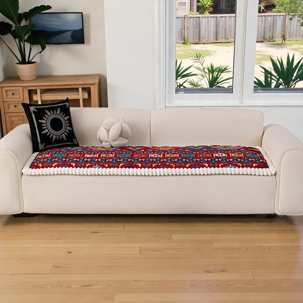 Elysia Sofa Cover | Non-Slip Microfiber, Vintage Ethnic Design, Fits Sectionals & Loveseats