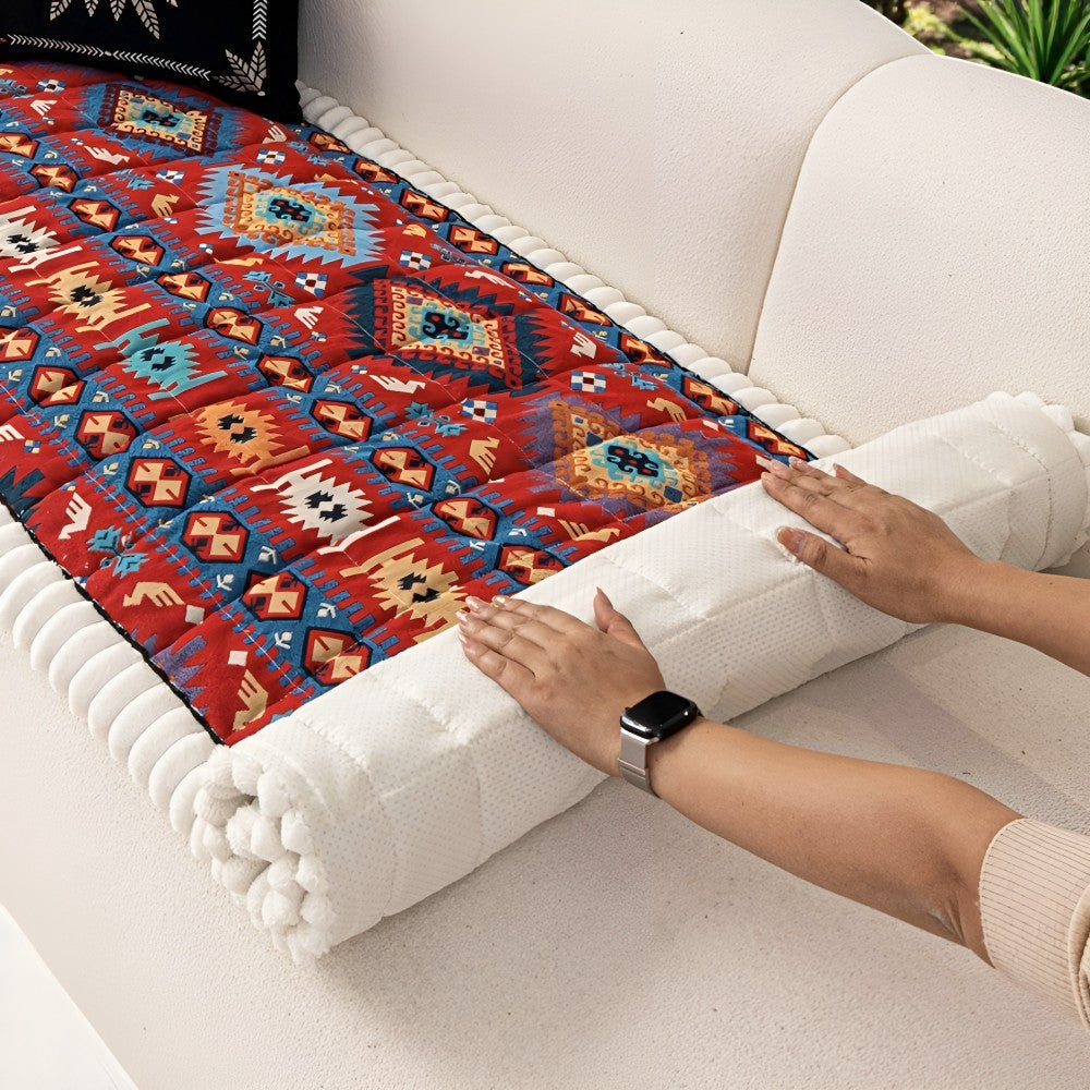 Elysia Sofa Cover | Non-Slip Microfiber, Vintage Ethnic Design, Fits Sectionals & Loveseats