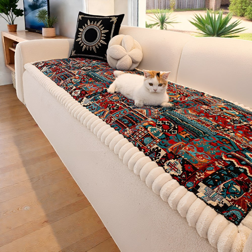 Elysia Sofa Cover | Non-Slip Microfiber, Vintage Ethnic Design, Fits Sectionals & Loveseats