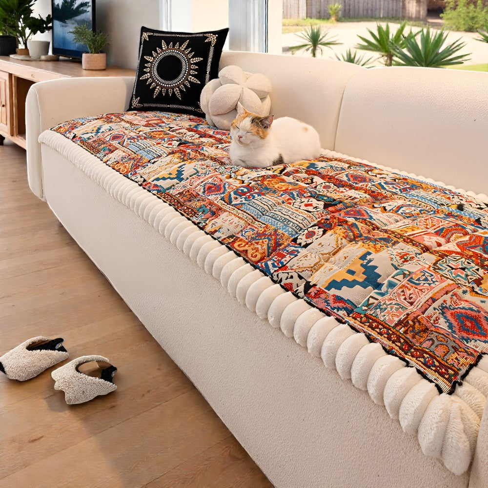 Elysia Sofa Cover | Non-Slip Microfiber, Vintage Ethnic Design, Fits Sectionals & Loveseats