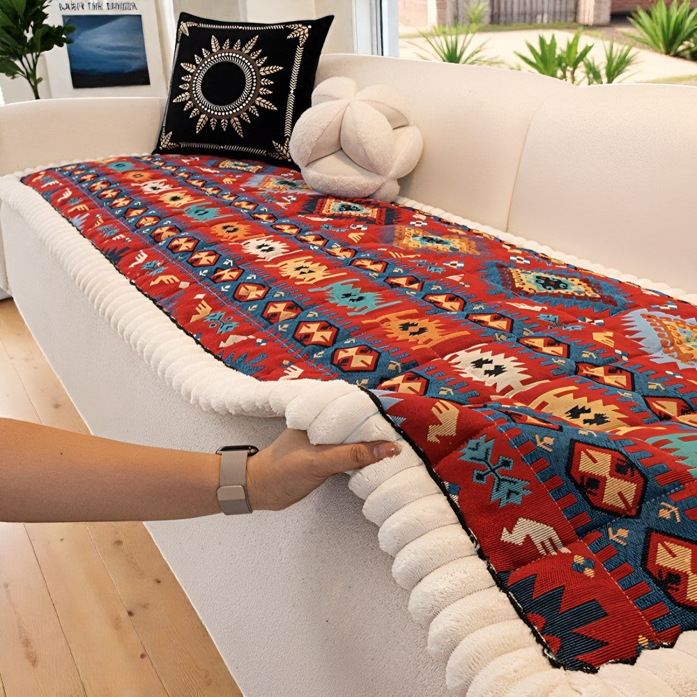 Elysia Sofa Cover | Non-Slip Microfiber, Vintage Ethnic Design, Fits Sectionals & Loveseats