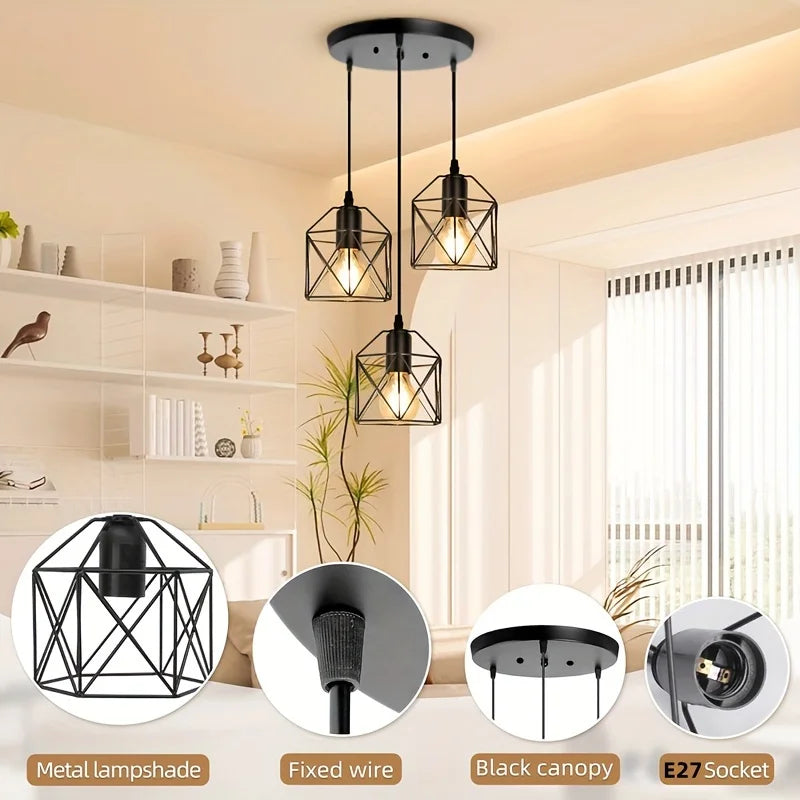 Indigo 3-Light Pendant Light | Industrial Vintage Black Metal, Ideal for Kitchen