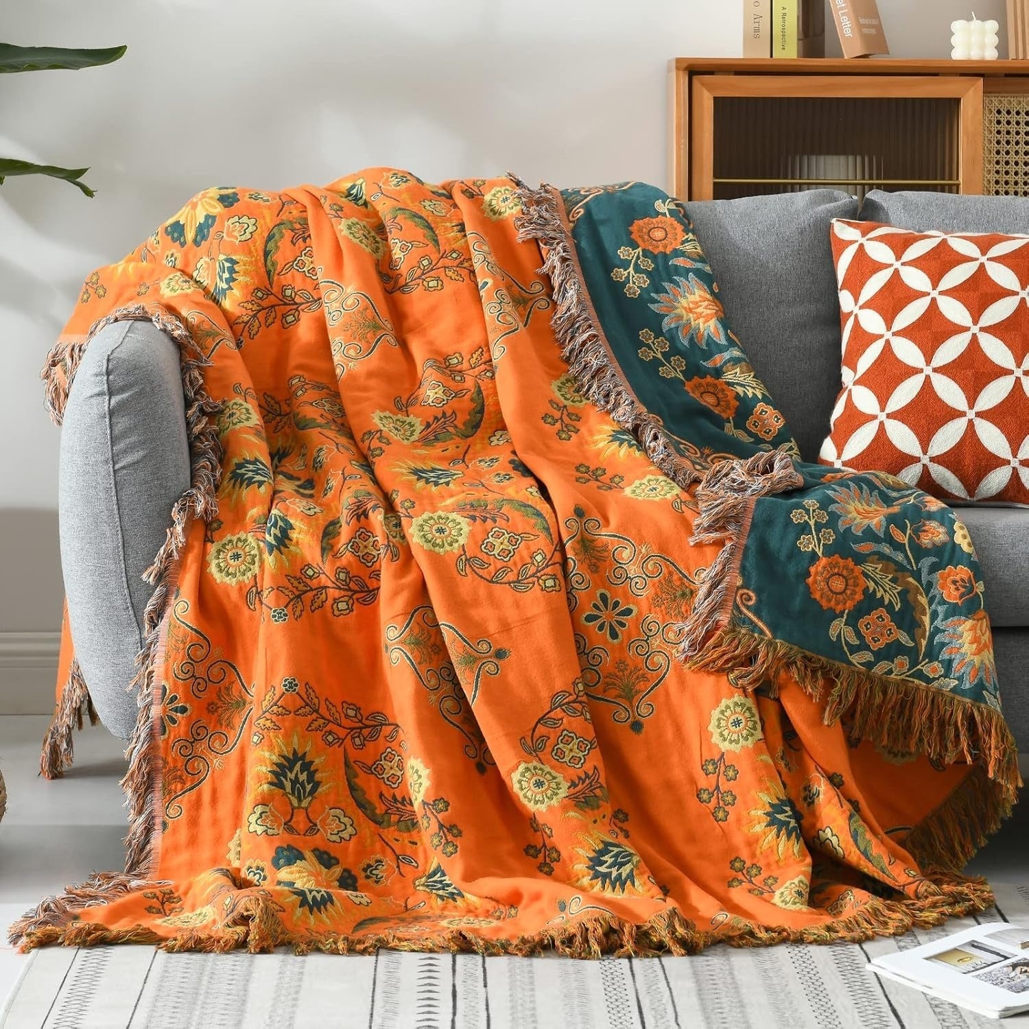 Mira Reversible Throw Blanket | 100% Cotton, Floral Design in Orange and Teal