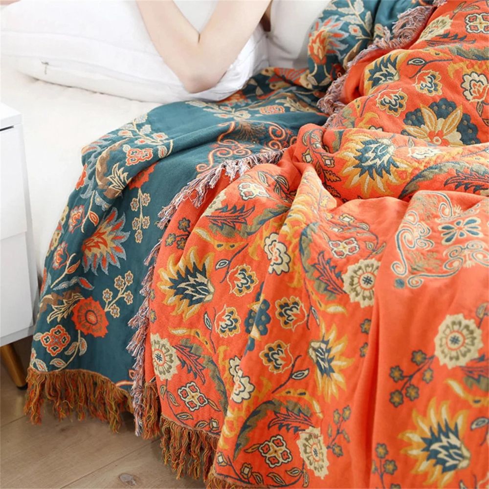 Mira Reversible Throw Blanket | 100% Cotton, Floral Design in Orange and Teal