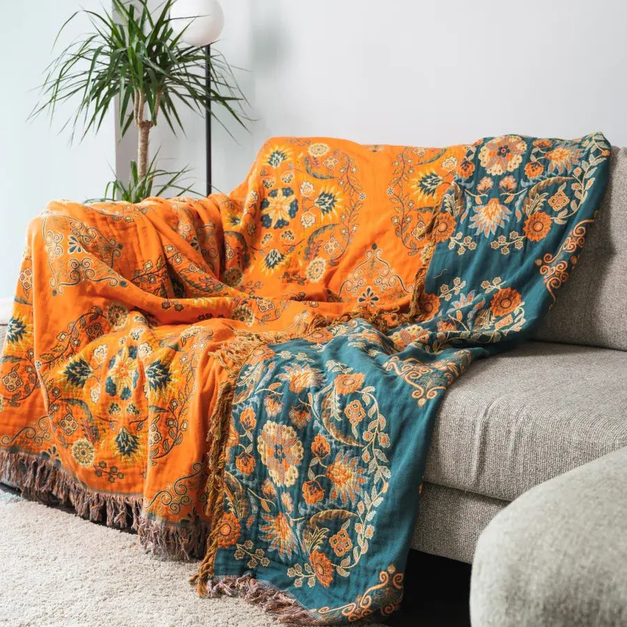 Mira Reversible Throw Blanket | 100% Cotton, Floral Design in Orange and Teal