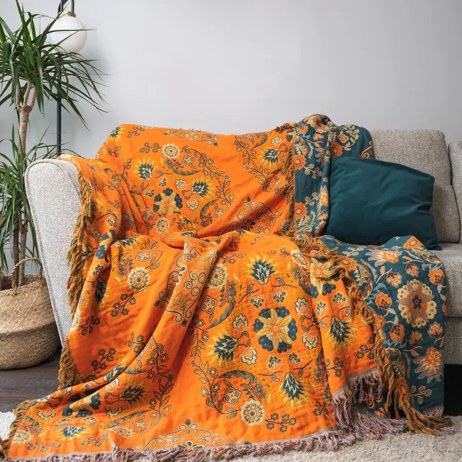 Mira Reversible Throw Blanket | 100% Cotton, Floral Design in Orange and Teal