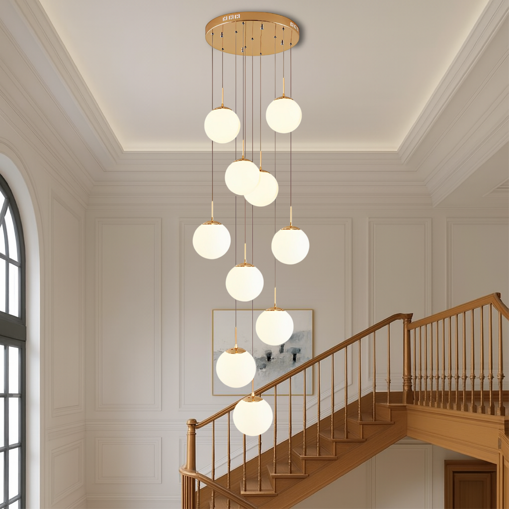Nexa Chandelier Light | Cascading Glass Spheres with Gold Trim