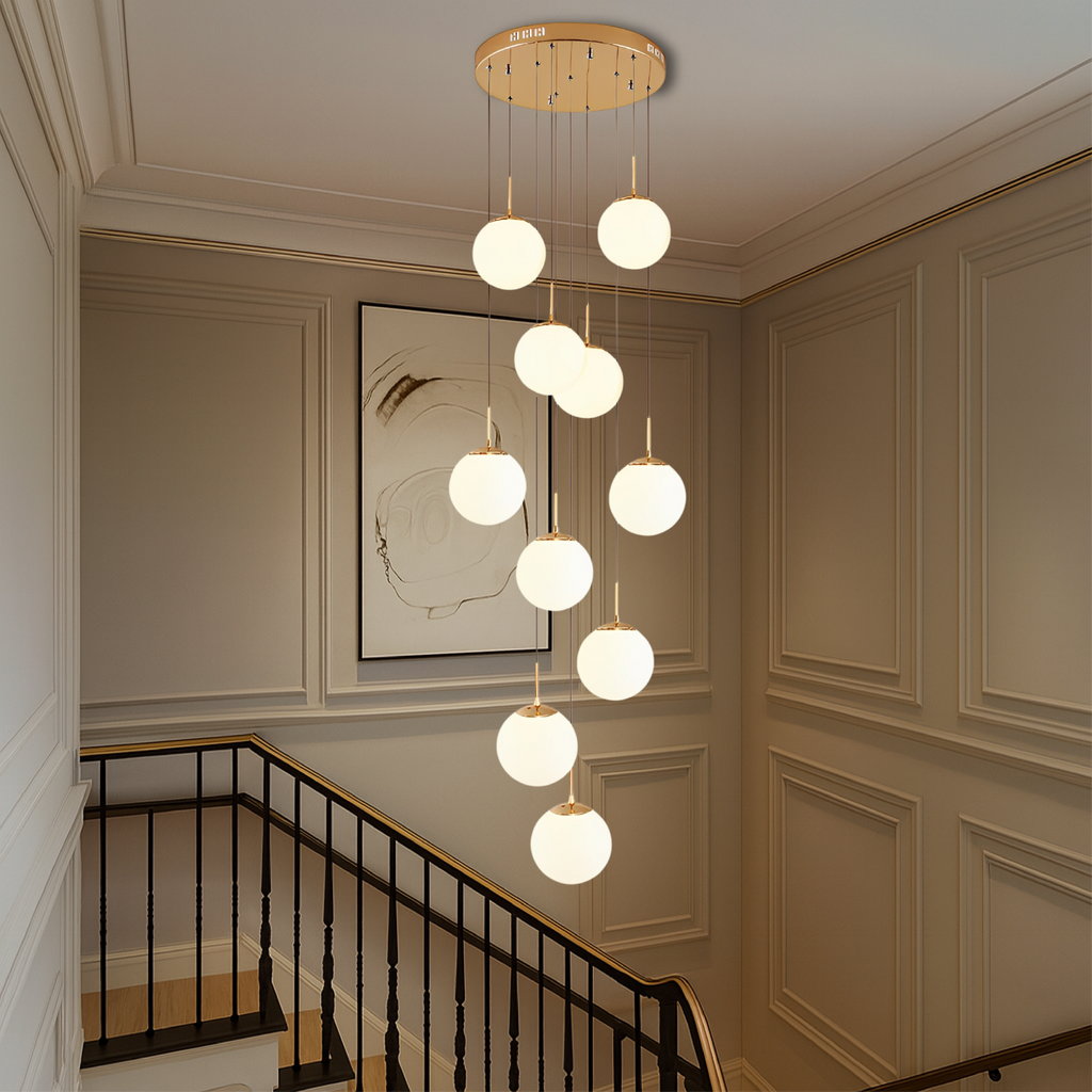 Nexa Chandelier Light | Cascading Glass Spheres with Gold Trim