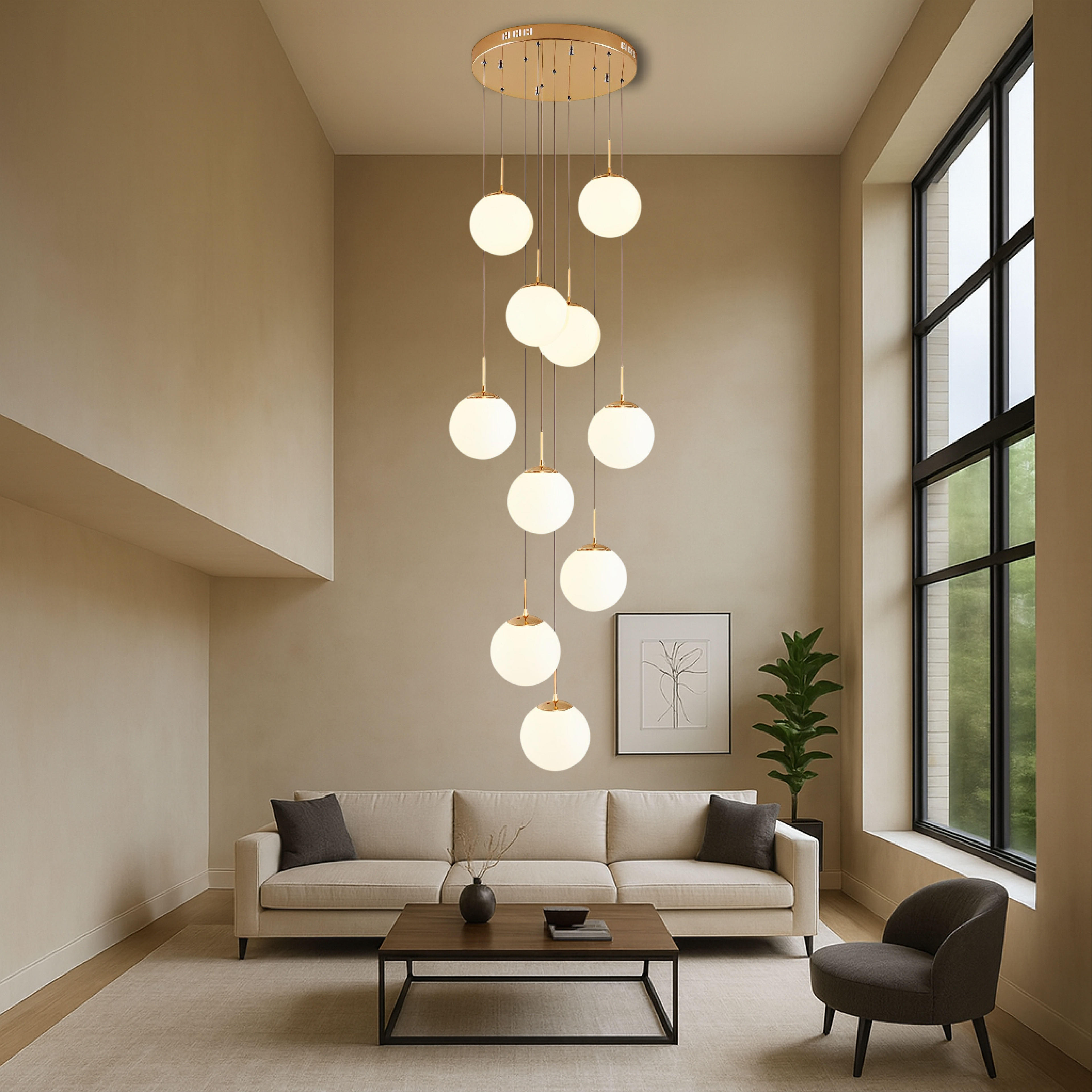 Nexa Chandelier Light | Cascading Glass Spheres with Gold Trim