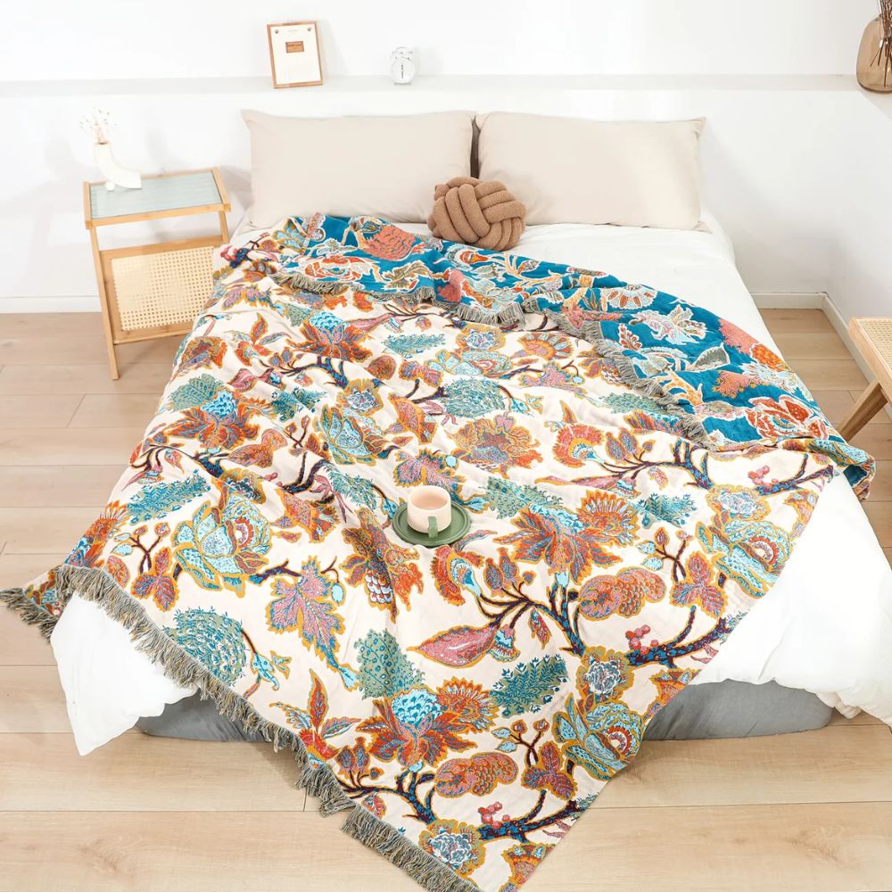 Olive Cotton Blanket | Lightweight, Ornamental Floral Design