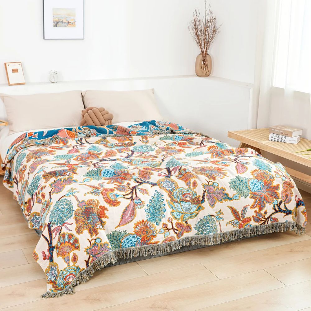 Olive Cotton Blanket | Lightweight, Ornamental Floral Design