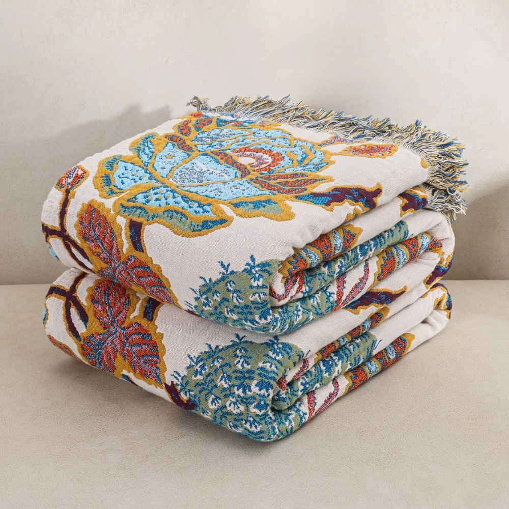 Olive Cotton Blanket | Lightweight, Ornamental Floral Design
