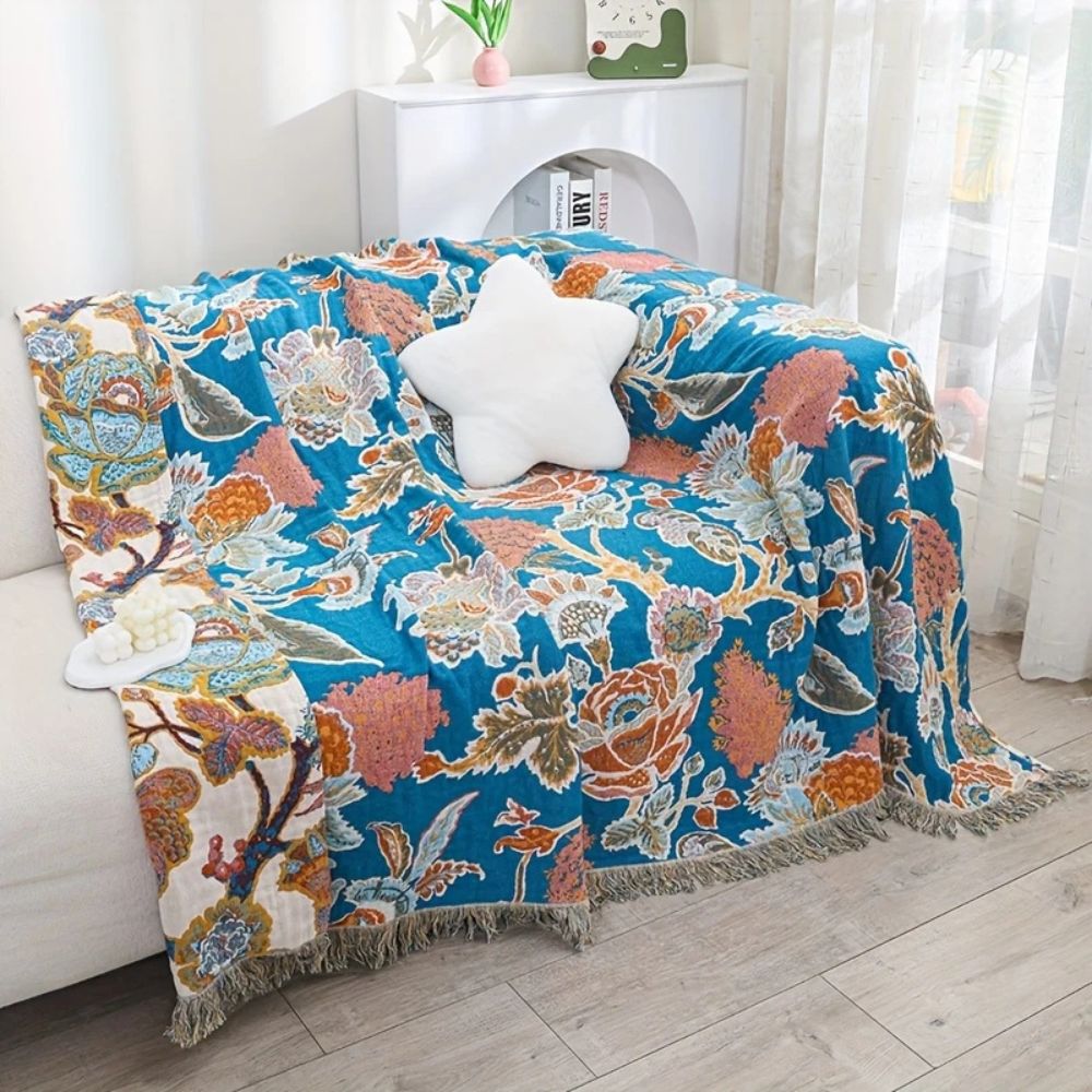 Olive Cotton Blanket | Lightweight, Ornamental Floral Design