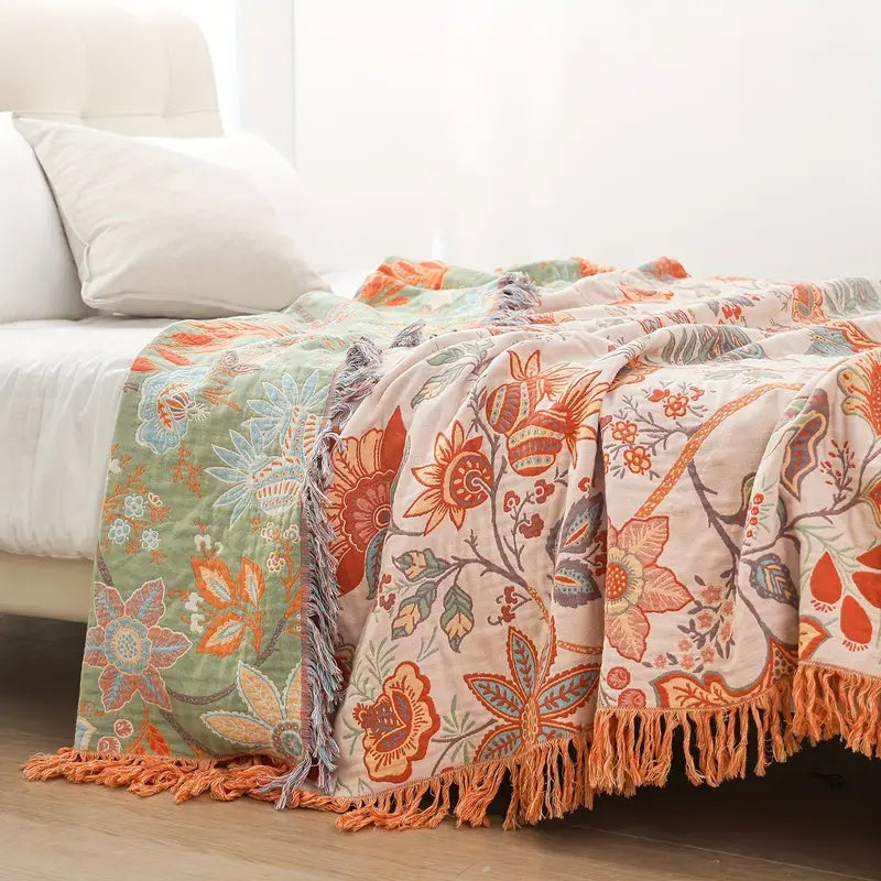 Ravenna Floral Throw Blanket | 100% Cotton, Boho Design with Fringe
