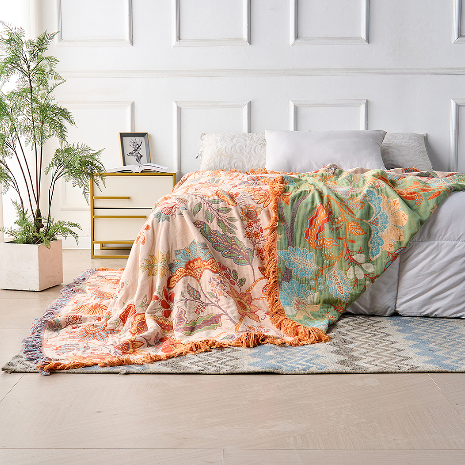Ravenna Floral Throw Blanket | 100% Cotton, Boho Design with Fringe