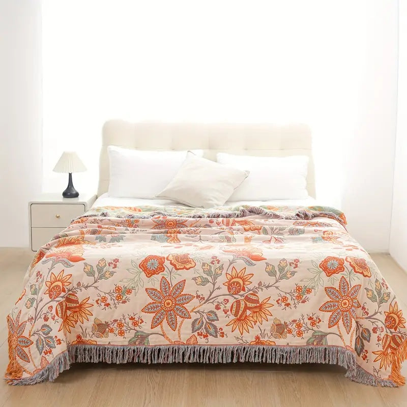 Ravenna Floral Throw Blanket | 100% Cotton, Boho Design with Fringe