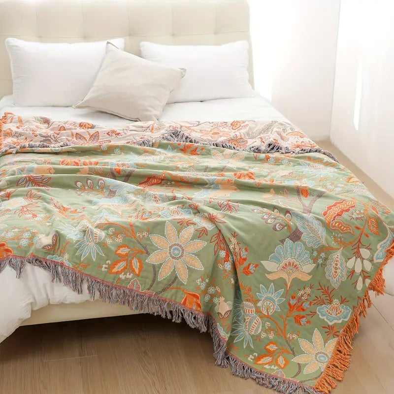 Ravenna Floral Throw Blanket | 100% Cotton, Boho Design with Fringe