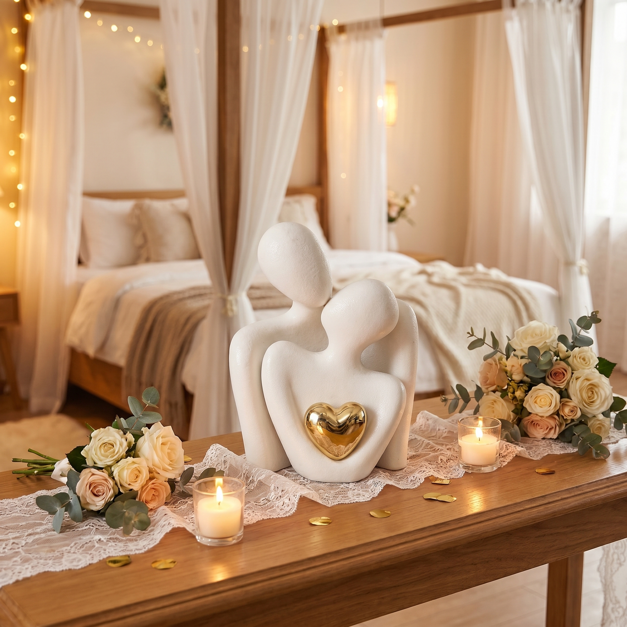 Riven Ceramic Figurine | Abstract Couple Embracing with Gold Heart Detail