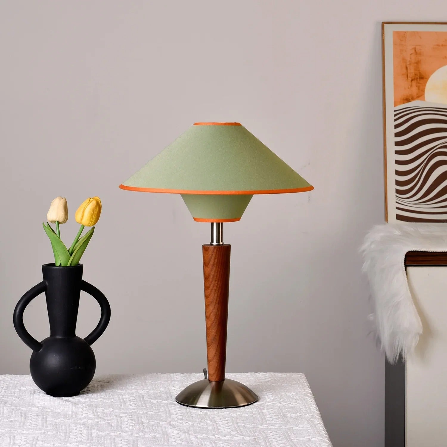 Tilo Table Lamp | Mid-Century, Fabric Shade, Wood Base, Ideal for Bedside or Desk